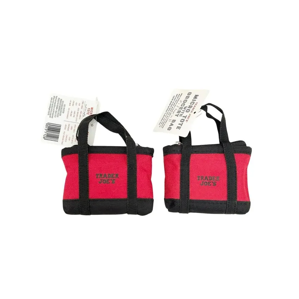 TRADER JOES Lot of 2 Canvas Micro Tote Bag with Reusable Grocery Bag Red NWT